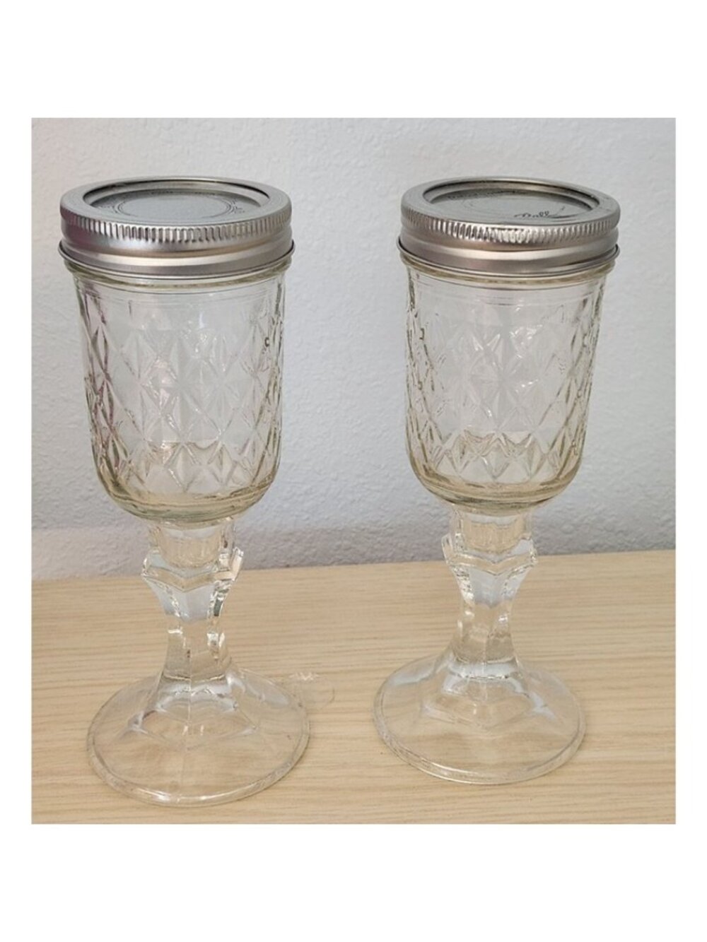 Wine Glasses Clear Glass 2 pc Red Neck  with lid 8" Tall 4" Glass 4" Stem